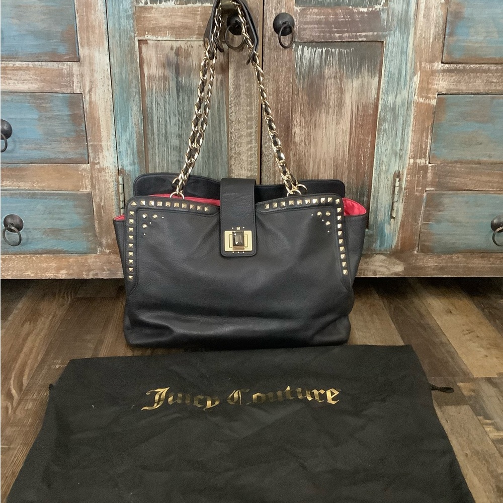 JUICY COUTURE BLACK LEATHER TOTE CHAIN STRAPS HANDBAG PURSE